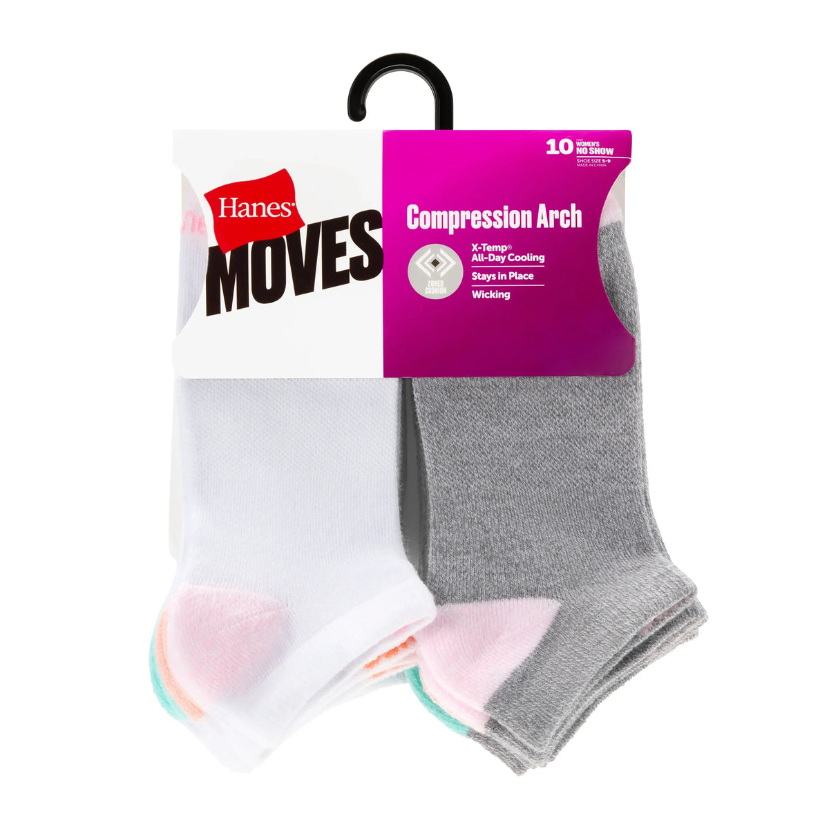 Hanes Moves X-Temp Women’s No Show Socks, 10-Pairs, Shoe Sizes 8-12