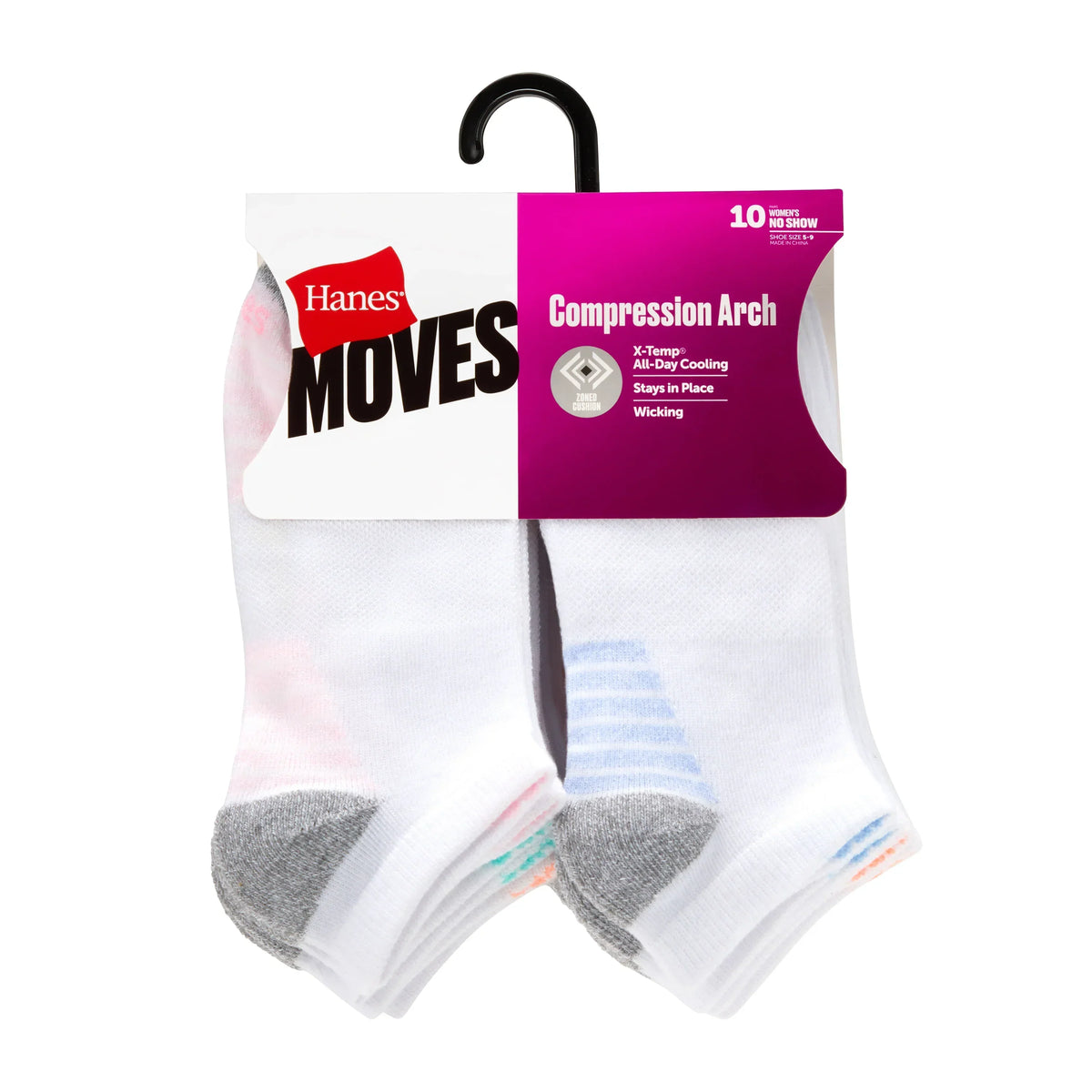 Hanes Moves X-Temp Women’s No Show Socks, 10-Pairs, Shoe Sizes 8-12