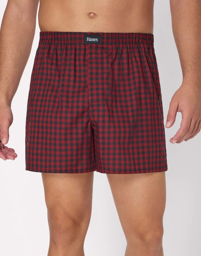 Hanes Originals Ultimate Men's Cotton Stretch Woven Boxer Underwear, Red/Black Plaids, 3-Pack