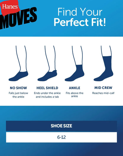 Hanes Moves Breathable Mesh Men&rsquo;s No Show Socks, Shoe Sizes 6-12, 6-Pairs